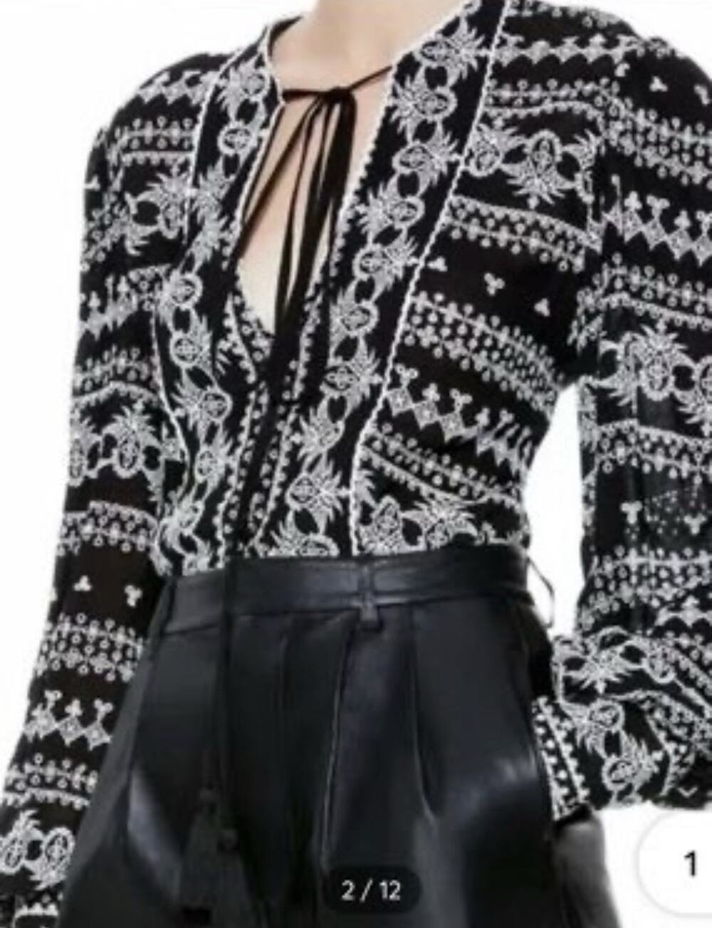 Alice+Olivia Ona Embroidered Split Neck TunicTop w/Tassel XS Black And White
